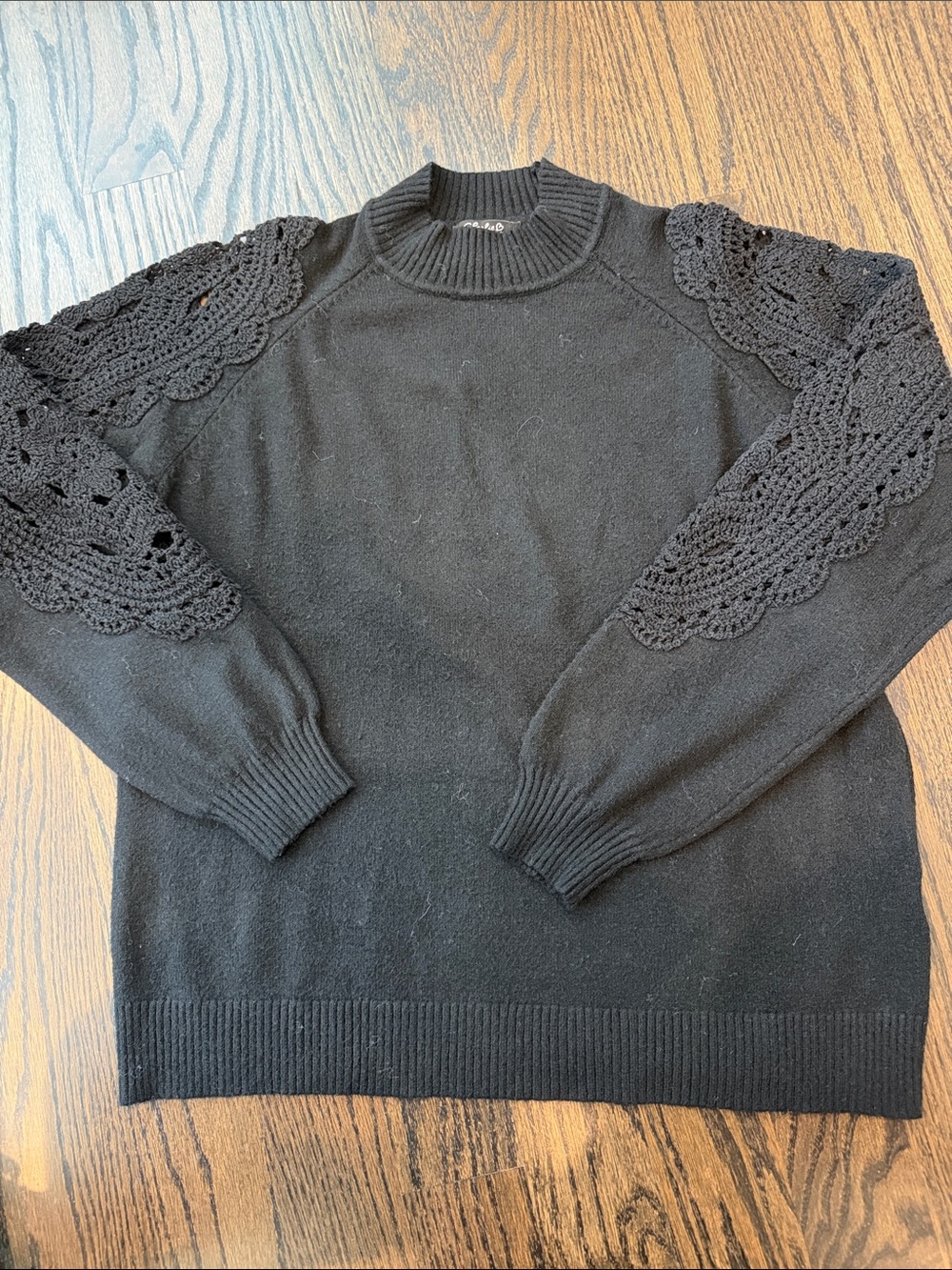 CHARLIE B Black Crewneck Sweater with Crochet Shoulder Panels